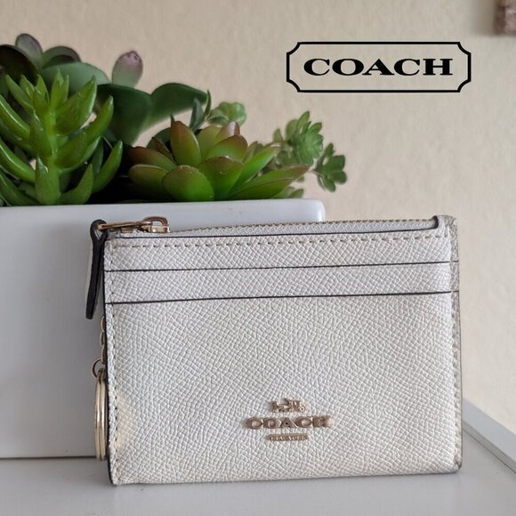 Coach Mini Skinny ID Case Crossgrain Leather Chalk White Gold Key Ring EUC